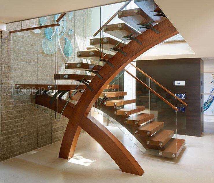 پله چوبی مدرن و شیک ترکیب چوب و شیشه