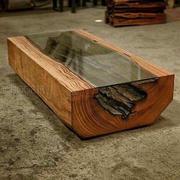 ایده ساخت میز, چوب و شیشه, صفحه شیشه ای برای میز, میز جلو مبلی،میز شیشه ای, میز چوبی با صفحه شیشه, میز شیشه ای, میز مدرن میز چوبی با تنه درخت, استفاده از شیشه برای پوشش صفحه میز
