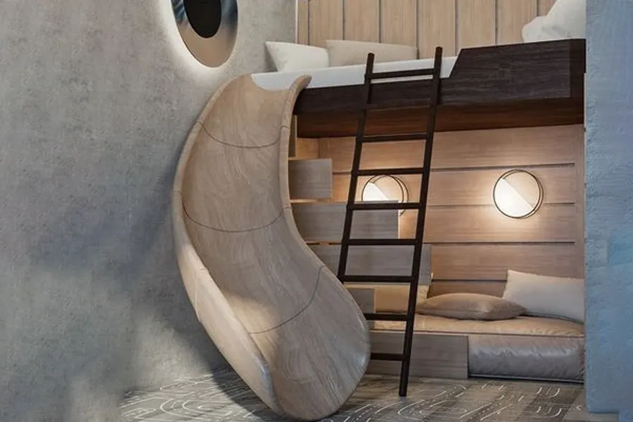 تخت خواب دو طبقه با سرسره چوبی