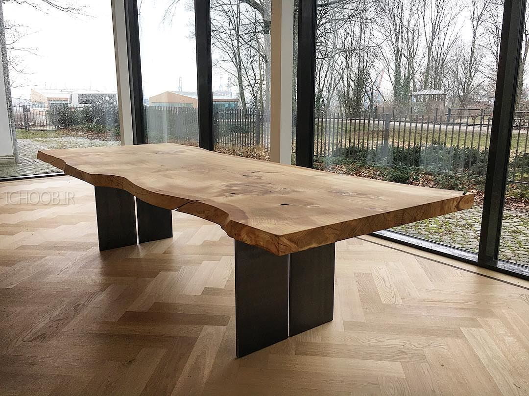 میز چوبی با پایه فلزی,پایه فلزی برای میز چوب,استفاده از فلز برای ساخت پایه میز,پایه فلزی برای اسلب چوبی,میز ساخته شده با اسلب،پایه میز اسلب,